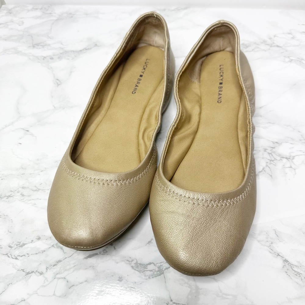 Lucky Brand Emmie Ballet Flat Women 8 Gold Metallic Leather Slip On Balletcore